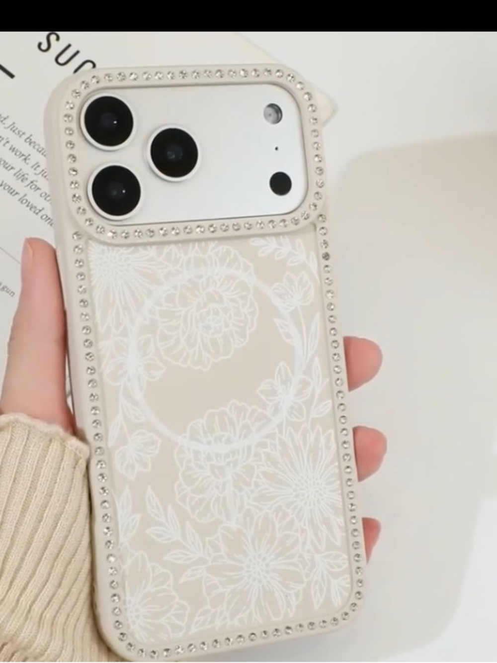 iPhone 17 Pro Max White Cream Floral iPhone Case with Rhinestone Trim
